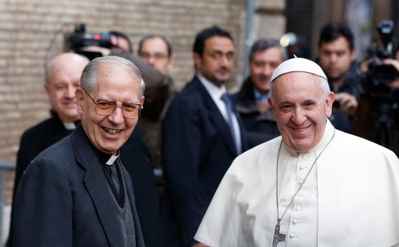 Father Adolfo Nicolas, superior general of the Society of Jesus, and Pope Francis, also a Jesuit, are seen together before celebrating Mass at the Church of the Gesu in Rome in this Jan. 3, 2014, file photo. Jesuits from around the world will meet in Rome beginning Oct. 2 to elect a new superior general. Father Nicolas, who turned 80 in April, plans to resign after leading the order since 2008. (CNS photo/Paul Haring) See JESUIT-GENERAL-CONGREGATION Sept. 16, 2016.